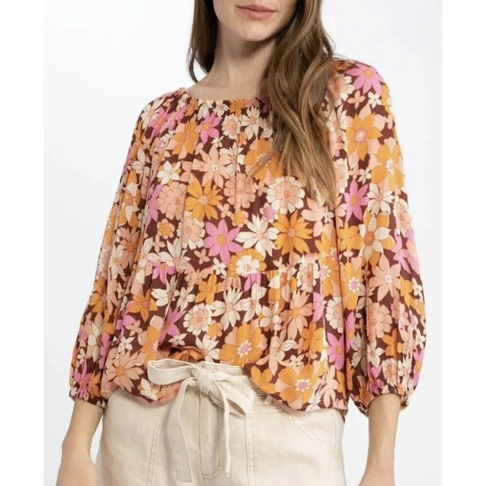Sanctuary Floral Print Peplum Blouse Size 2X Relaxed Fit Elastic Neck Line